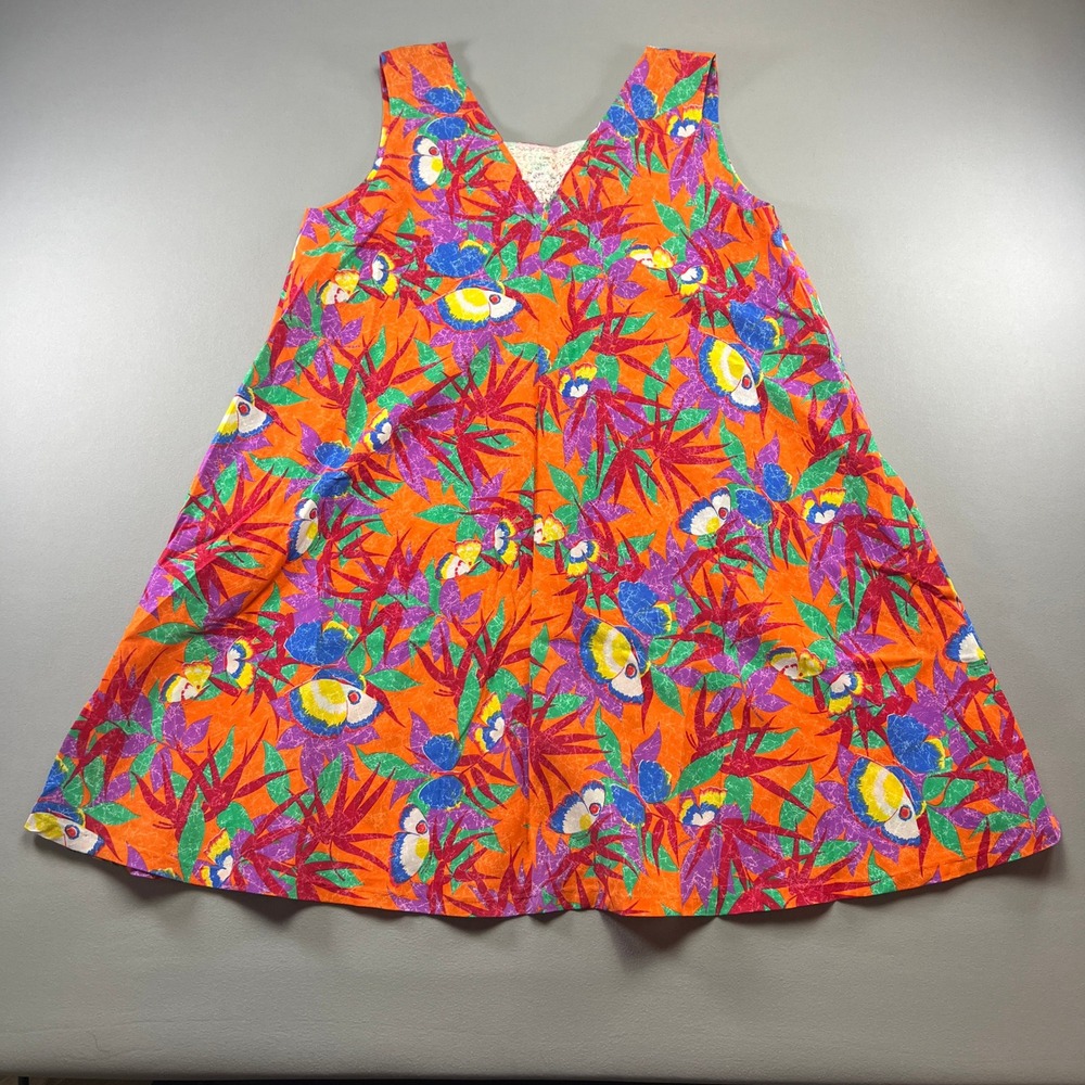 Vintage Womens A Line Dress XL Multi Tropical Floral Sleeveless Vacation Wear